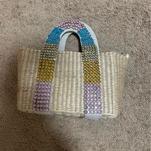 Multi-coloured rhinestone woven straw bag
